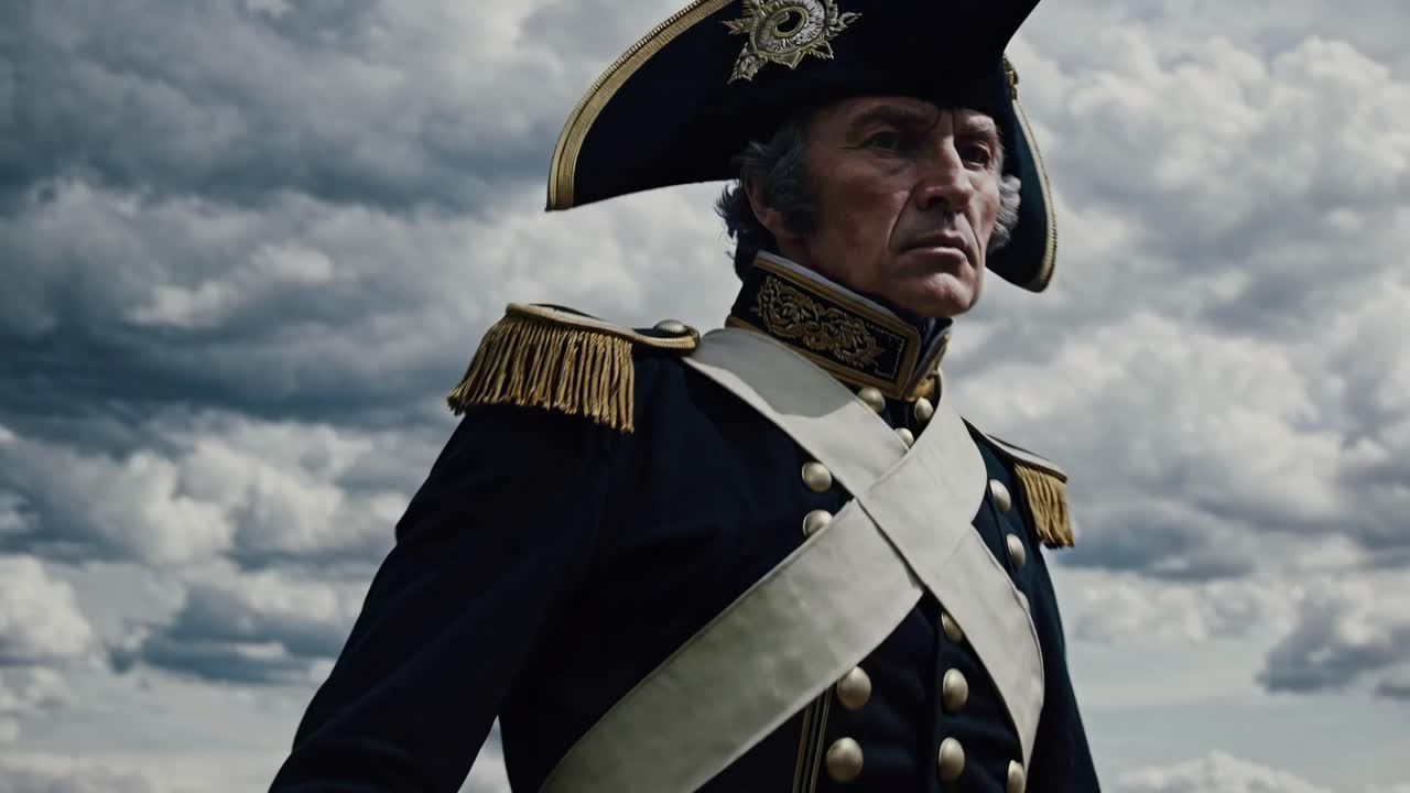 Inquadratura drammatica dal basso verso l'alto di un severo ufficiale di marina in uniforme d'epoca con un cielo tempestoso sullo sfondo