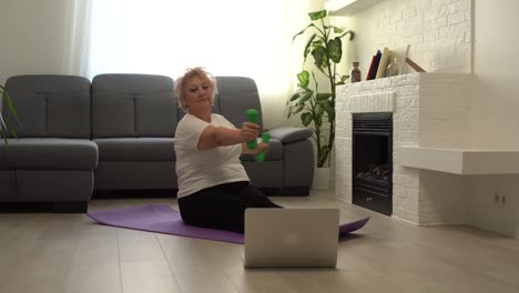 Domestic-Training.-Active-Senior-Woman-Making-Exersise-In-Front-Of-Laptop-At-Home,-Free-Space