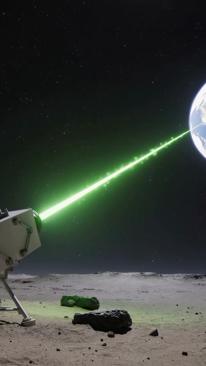 Video verticale: Torretta alimentata che proietta un raggio verde attraverso una pianura craterica verso un pianeta, inviando energia