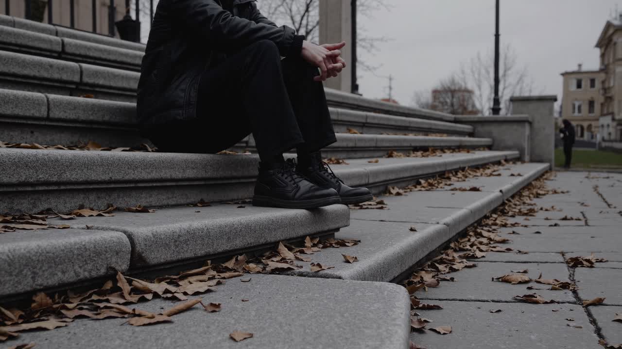 Low-angle video frame of a person sitting on stone steps, surrounded by fallen leaves