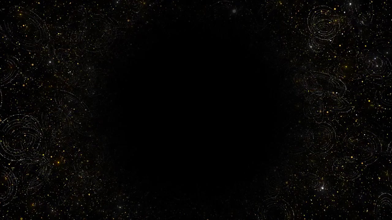 Bordo di particelle d'oro, incornicia centro nero, scintillio elegante, motivi di polvere circolare, contrasto premium.