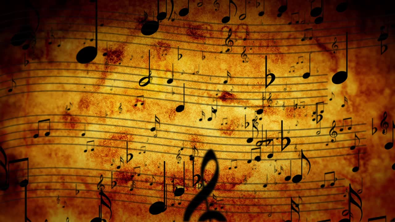 fondo animado con notas musicales, notas musicales que fluyen, corriente voladora