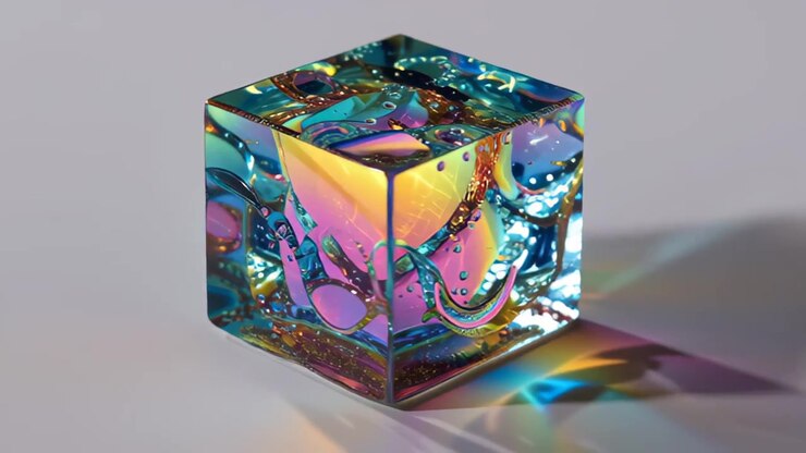 Abstrakt 3D-glaskube fyldt med væske og bobler, med skinnende regnbuebrydning på en ren studiebaggrund, futuristisk design til teknologi-, luksus- og videnskabsvisualiseringer