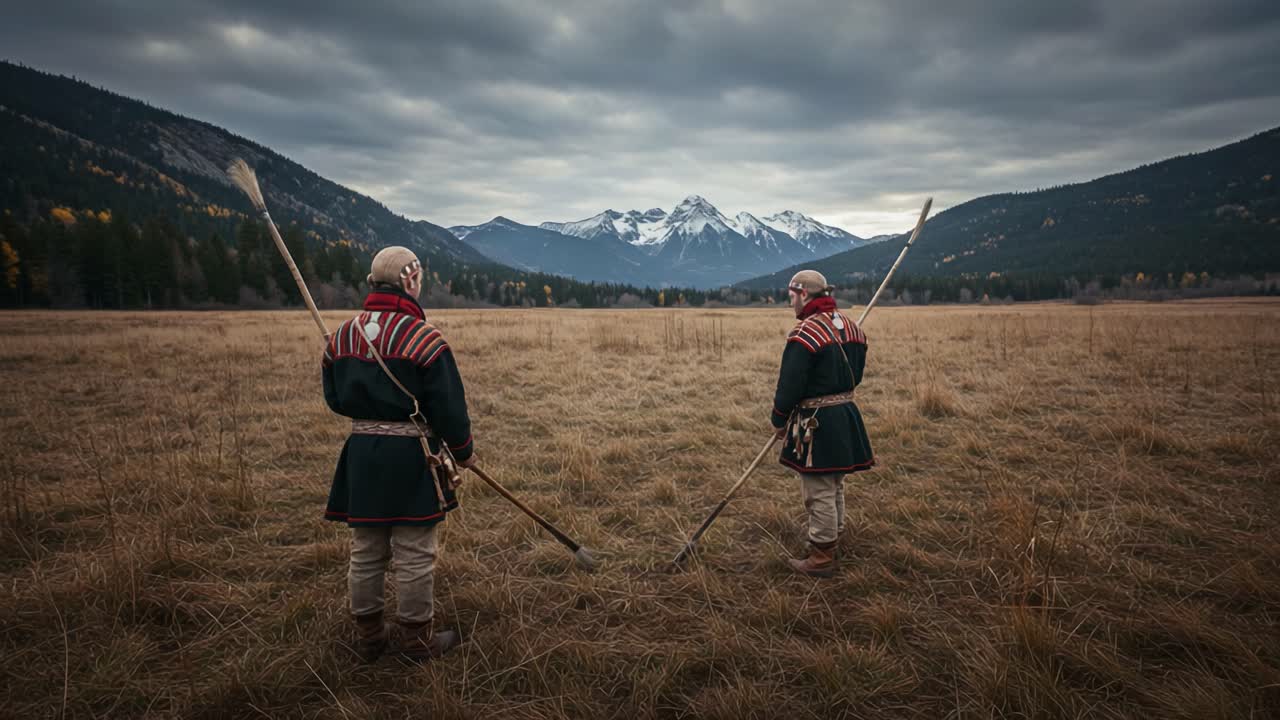Two Figures in Historical Attire Stand in a Rugged Landscape, Facing a Majestic Mountain Range Under a Dramatic Sky, Evoking a Sense of Adventure and Exploration