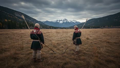 two figures in historical attire stand in a rugged landscape, facing a majestic mountain range under a dramatic sky, evoking a sense of adventure and exploration