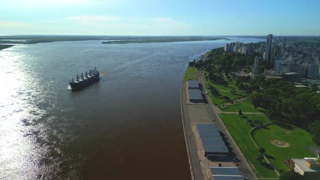 rosario argentina province of santa fe aerial images with drone of the city views of the parana river big ship in the middle of the river