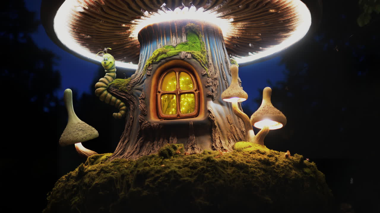 Una casa sull'albero fantasy in miniatura con finestre illuminate, funghi e un personaggio sorridente a forma di bruco