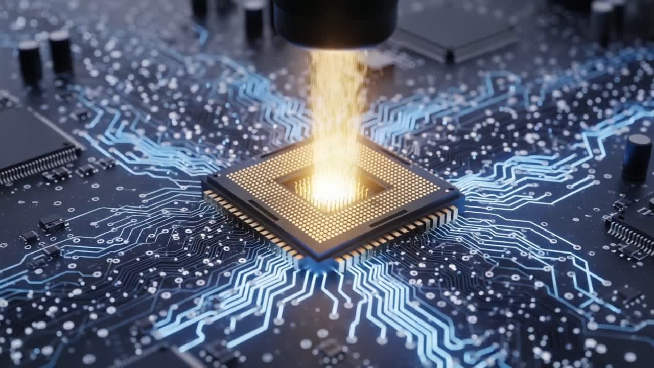Exploring the Intricacies of Quantum Computing: A Close-Up View of a Microprocessor in Action with Energy Signals Flowing Around It