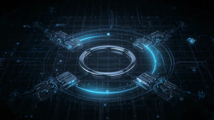 Sweeping holographic arc lighting metal ring on grid, starting upper-right, energizing modules