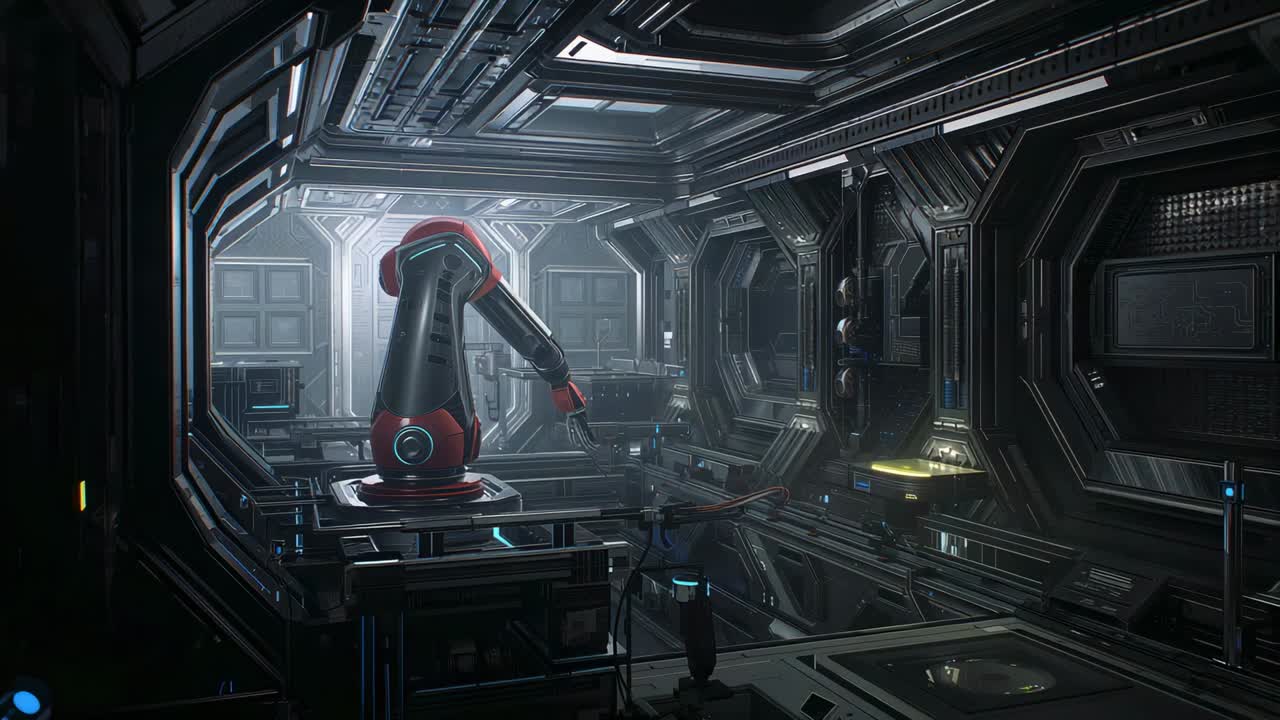 Reacting to command, red-black robot arm rotating and extending in service bay, inspecting console