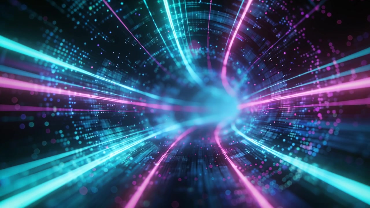 Afspiller datatunnel, der bevæger sig fremad ind i tomrummet, med cyan og magenta baner og prikker, der pulserer ind mod kernen.