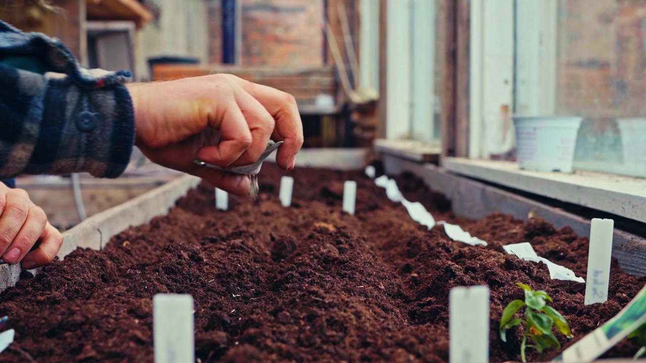 A Hand Pours Seeds Into A Raised Garden Bed With Plant Markers. Close-up Shot