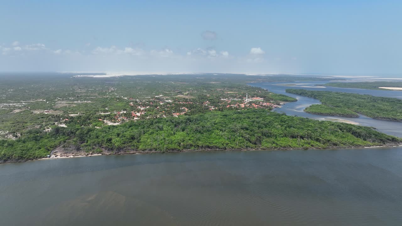 Aerial: village near Parnaiba River delta during the day in Araioses, in the state of Maranhao, Brazil, pan drone shot