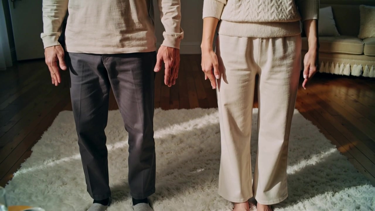 Standing couple holding arms down in living room on white shag rug, showing cream sweater, keys