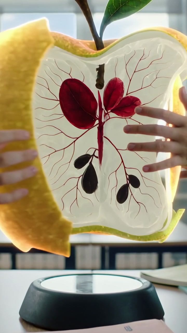Vertical video: Floating apple splitting in class as peers pulling halves from base showing anatomy