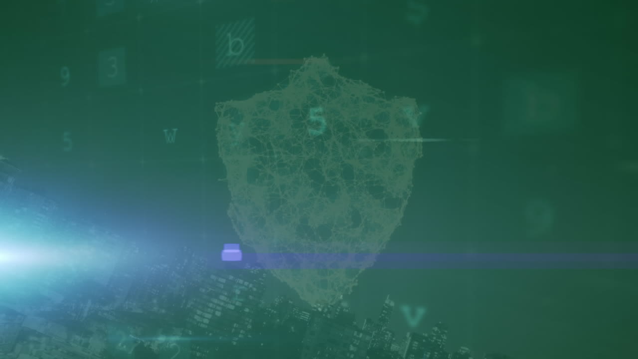 animación de luces, escaneo, advertencia y escudo digital en el espacio verde