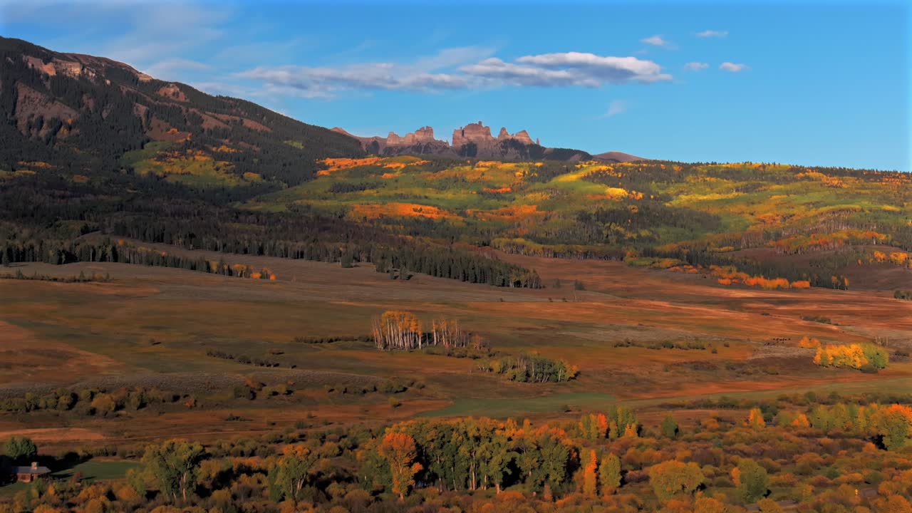 Autumn fall Mill Castle Mountain aerial drone Colorado morning sunrise clear blue sky clouds Gunnison Crested Butte Ohio Swampy Kebler Pass Mount Axtell Ohio Peak landscape pano forward pan up motion