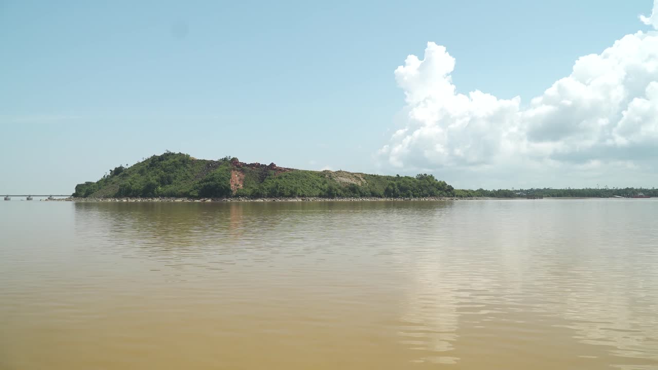 Batang Lupar Sarawak River Ferry Ride View During Summer,Mangrove Trees And Under Construction Longest Bridge Conecting From each side,Sarawak,Borneo.