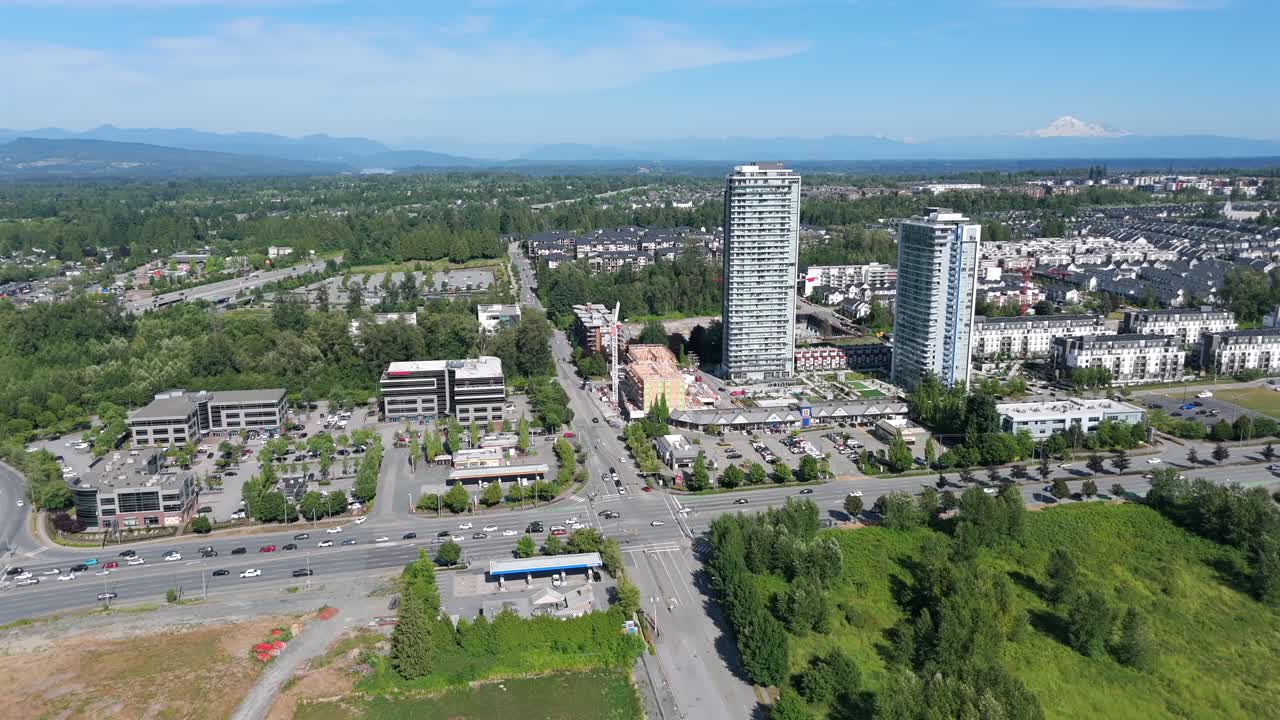 High-rise Condominiums And Apartment Buildings In The City Of Langley In British Columbia, Canada. Aerial Drone Shot