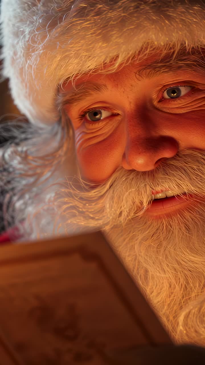 Vertical video: Opening ornate book, man wearing Santa hat leaning and reading by cozy hearth light