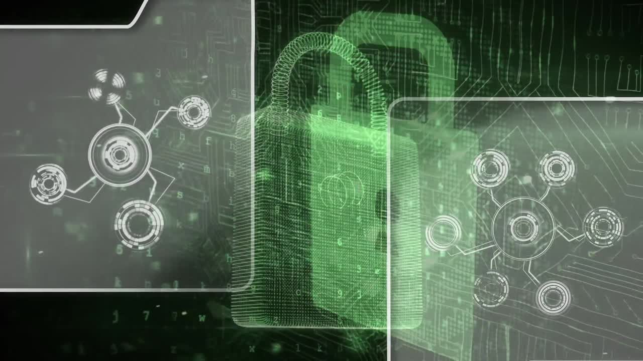 animación del icono del candado y procesamiento de datos con placa de circuitos informáticos