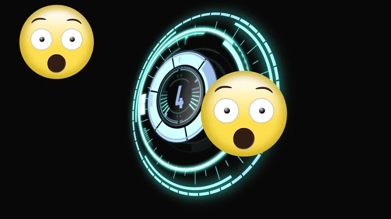 Animation of falling emojis over clock on black background