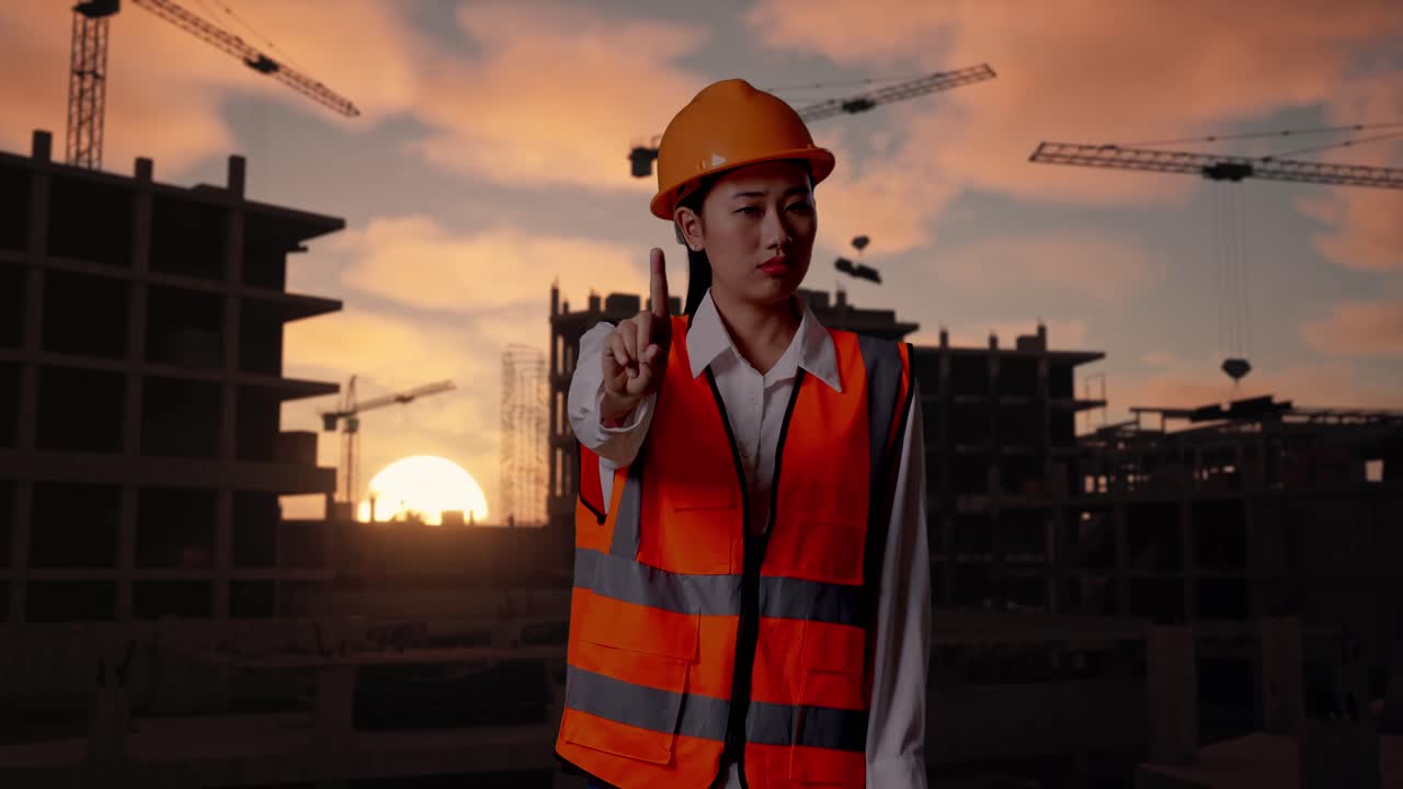 Asian Female Engineer With Safety Helmet Disapproving With No Index Finger Sign While Standing At Construction Site in Progress to New House
