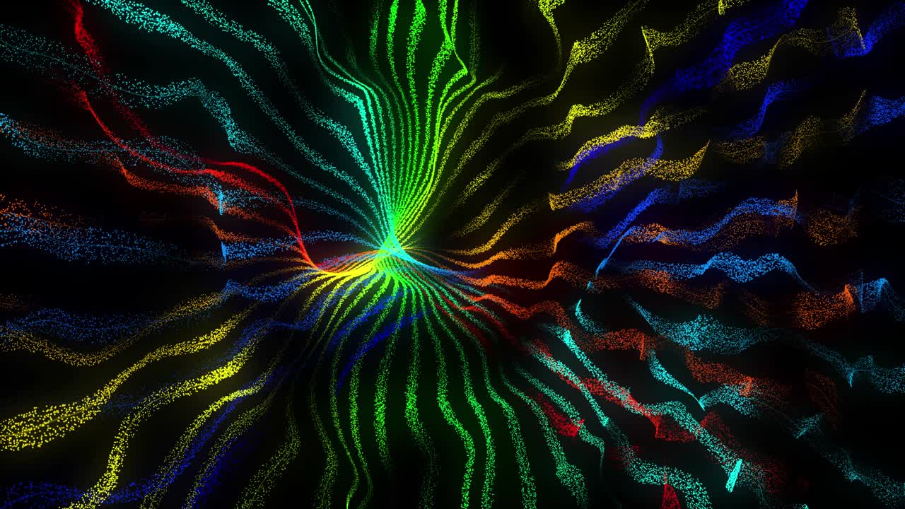 partículas coloridas ondas atómicas abstracta animación de bucle sin costuras, renderización 3d en fondo negro