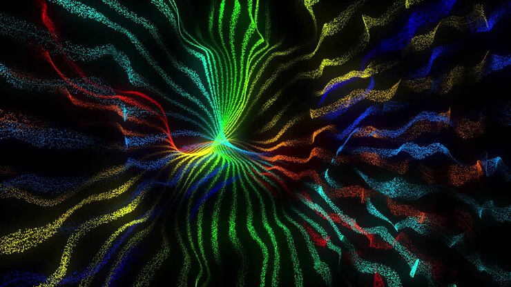 Colorful particles atomic waves abstract seamless loop animation, 3D render on black background