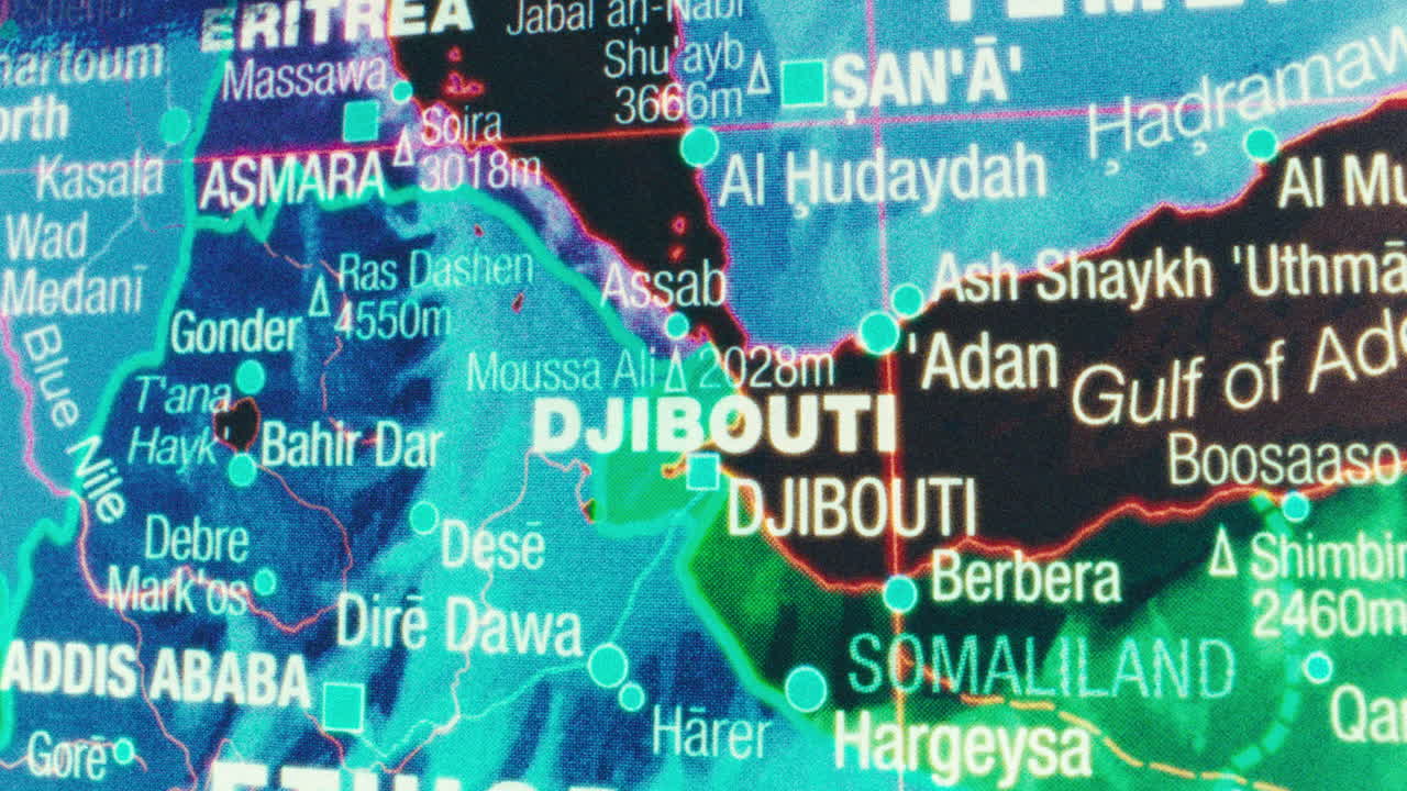 Close-up view of a digital map showing countries in the Horn of Africa and Arabian Peninsula