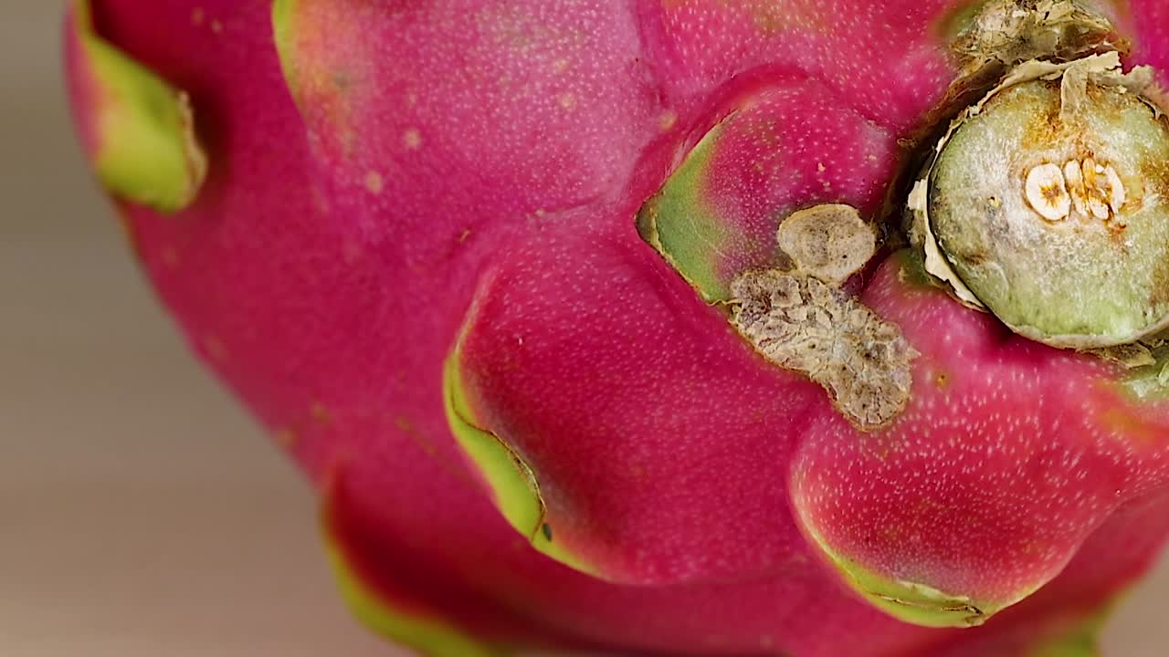 Detailed view focusing on the dragon fruit's stem and vibrant skin texture.