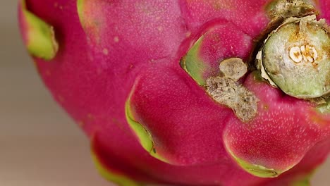 detailed view focusing on the dragon fruit's stem and vibrant skin texture.
