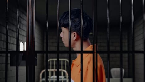 vista lateral de cerca de un prisionero masculino asiático de pie en la cárcel, levantando la cabeza y mirando a la cámara enojado