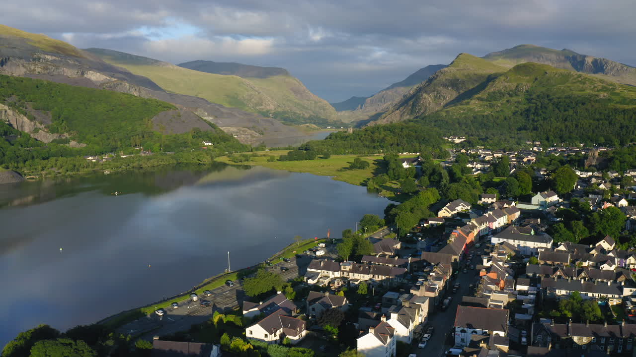European Village near Mountain Lake Snowdonia in Wales - Aerial Drone Landscape