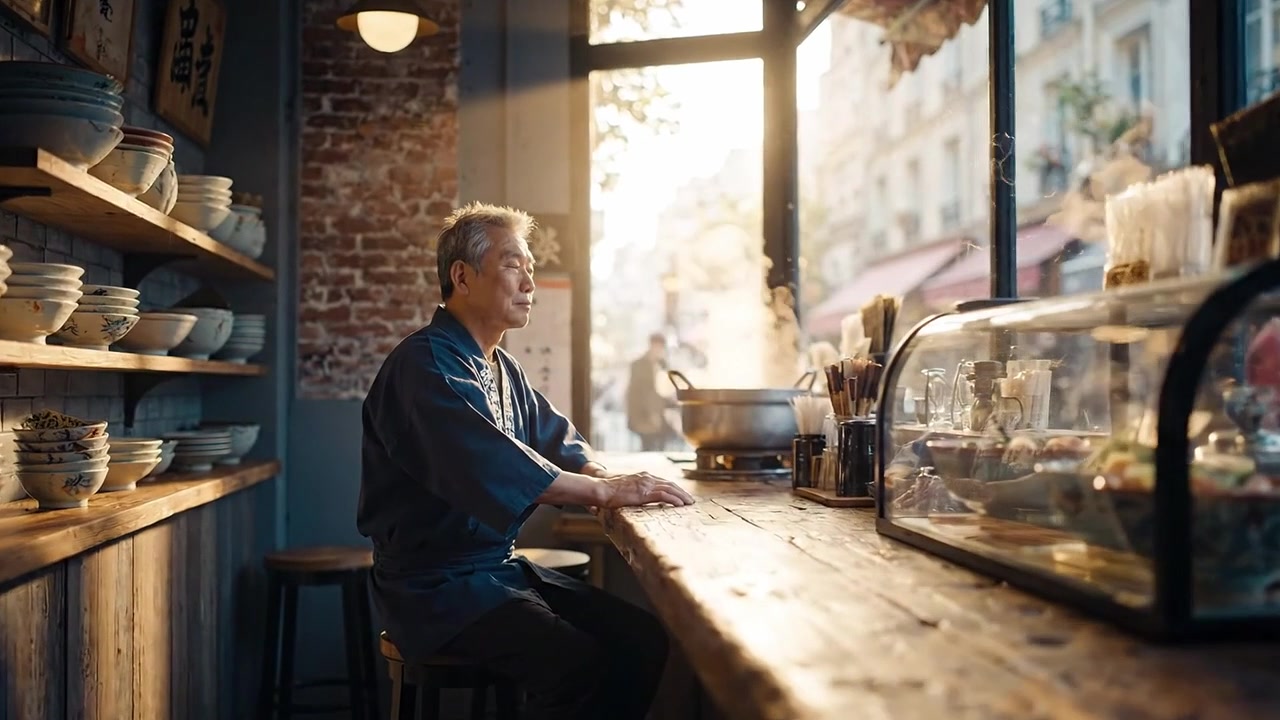 Un momento tranquillo in un ristorante accogliente: uno chef appassionato che si prepara per la giornata, immerso nella calda luce solare e in un arredamento tradizionale, che esprime la passione culinaria.