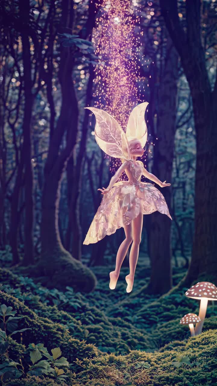 A whimsical video scene of a fairy in a forest, captured from a low angle, highlighting magical