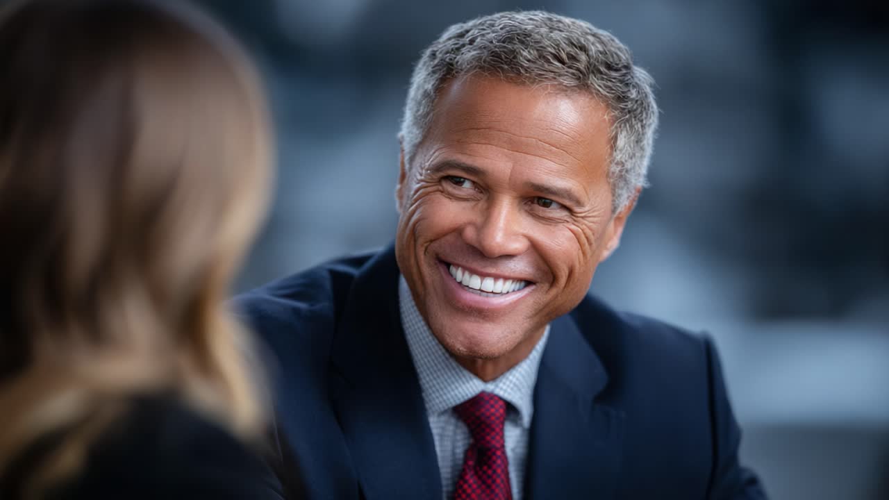 Engaging Insights: A Confident Professional Sharing Thoughts with a Warm Smile in a Thoughtful Discussion Environment