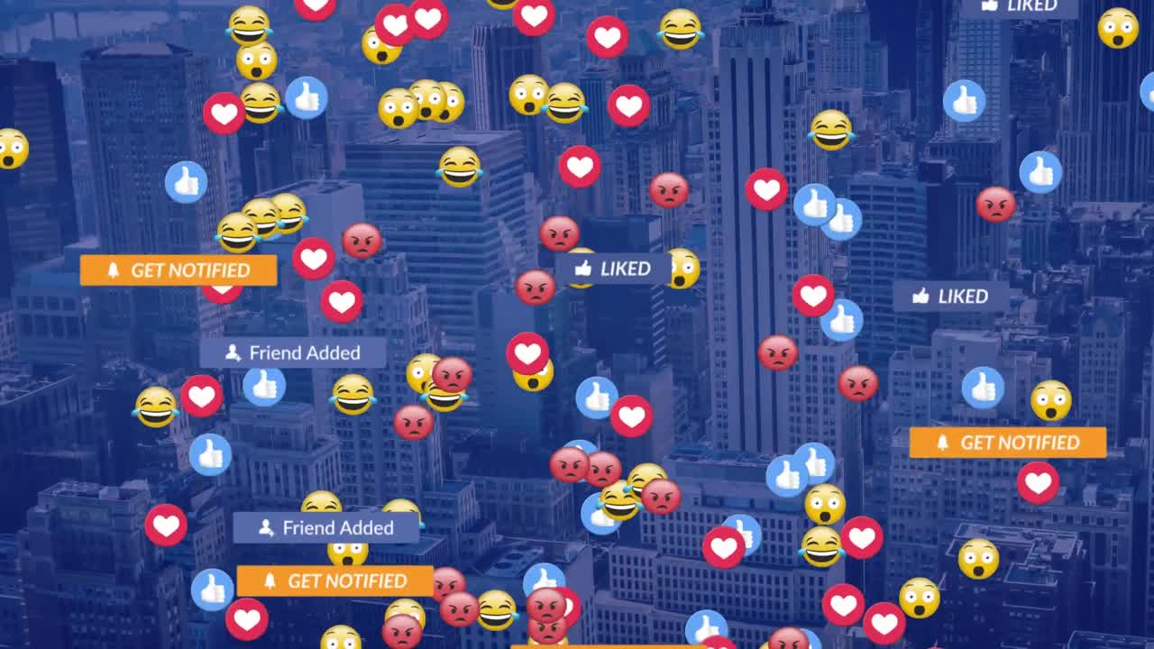 도시 풍경 위에 떨어지는 소셜 미디어 아이콘과 이모티콘의 애니메이션