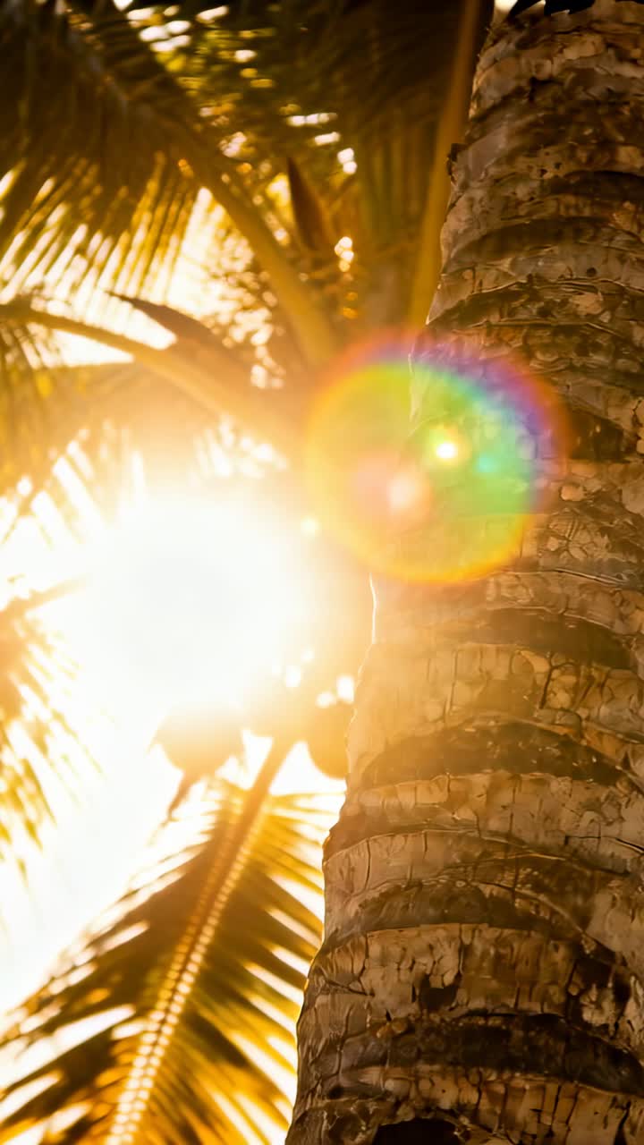 Vertical video: Shifting sun making flare cross palm trunk at beach showing coconut, copy space