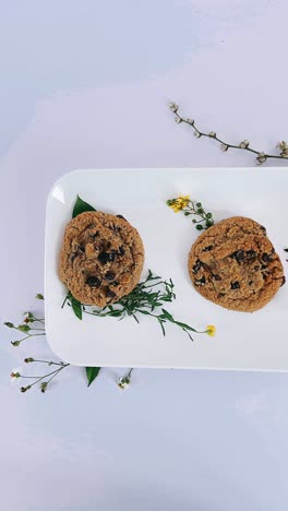 chocolate chip cookies on a plate with flowers