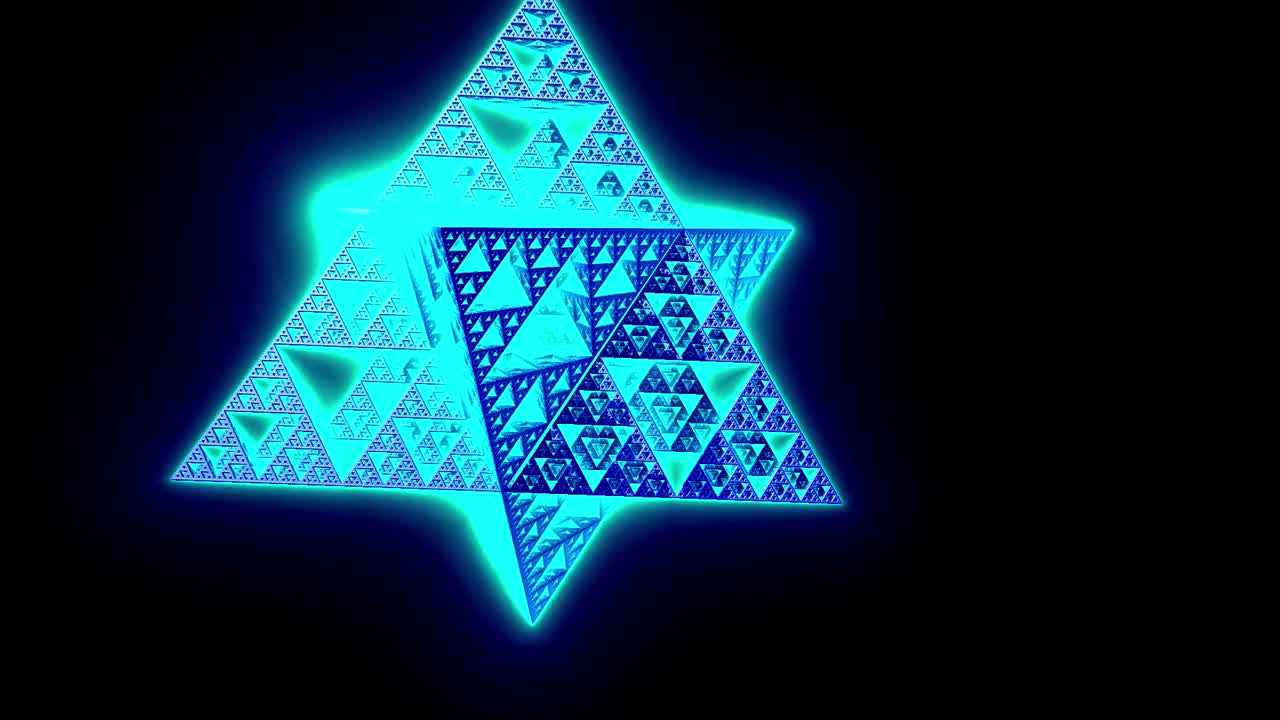 Glowing blue Merkaba fractal with radiant star tetrahedron form