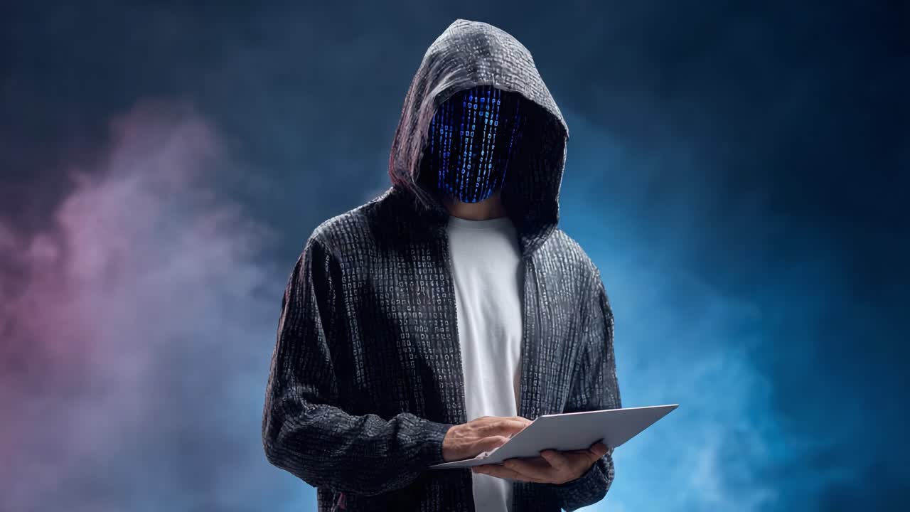A mysterious figure cloaked in shadows and digital patterns, stands holding a tablet, embodying the essence of modern cyber intrigue and technological enigma in a captivating visual display