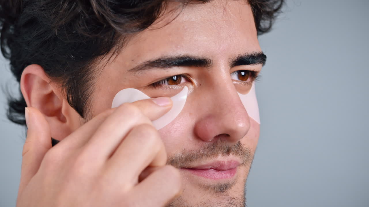 A young caucasian man with stubble beard placing patches under his eyes