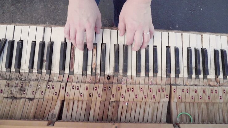Ripresa dall'alto di un vecchio pianoforte scheggiato e marcito suonato da una donna bianca.