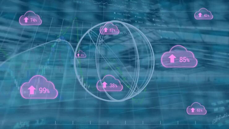 Animation of clouds with growing number and financial data processing over empty office