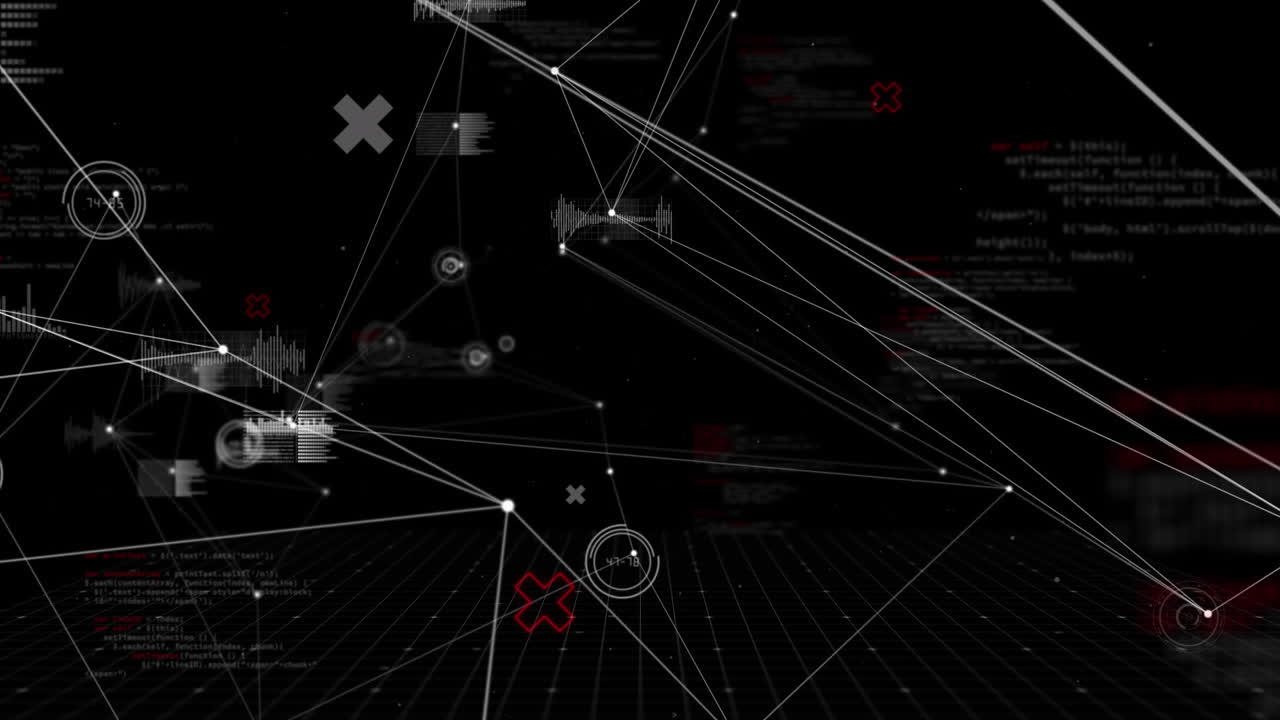 Animation of data processing over connections on black background