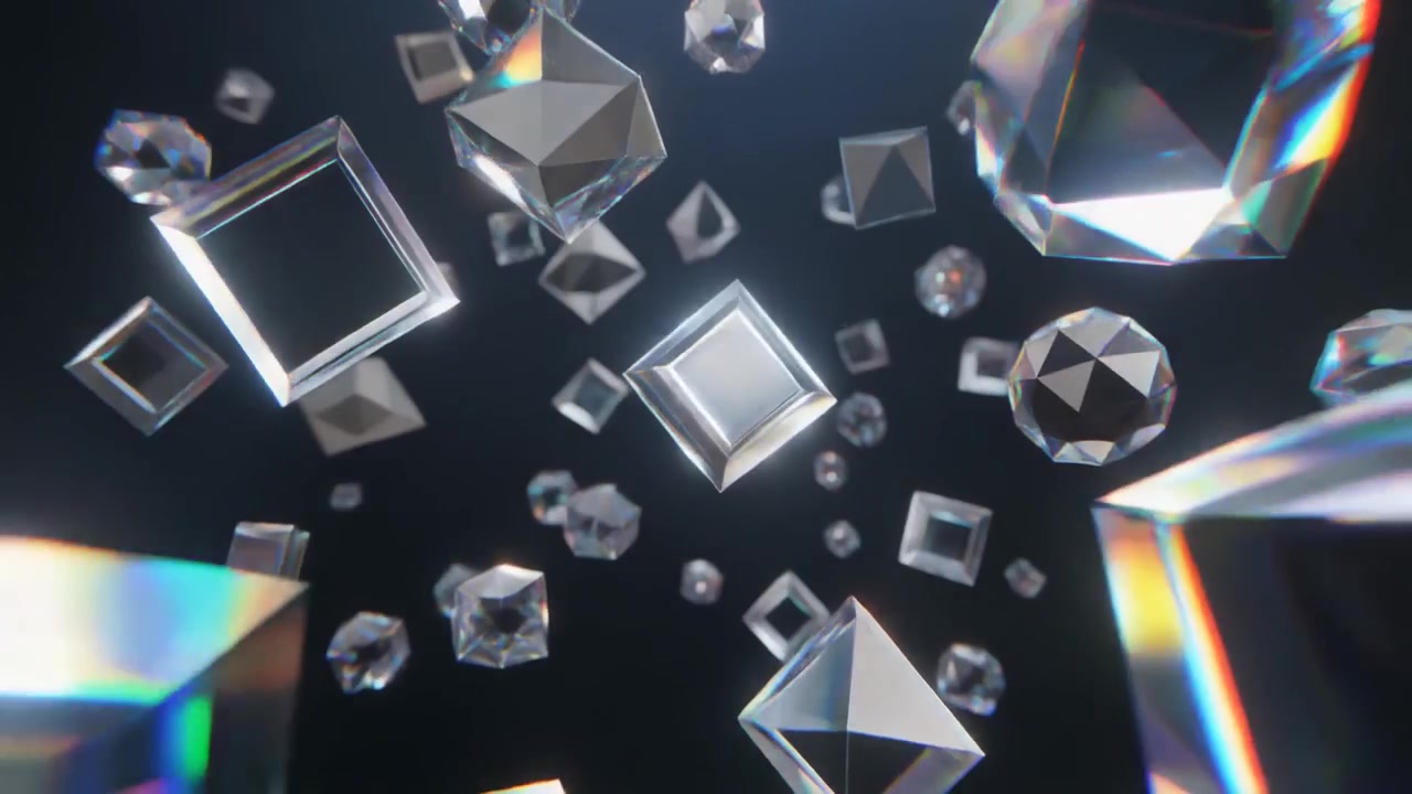 Floating Geometric Glass Prisms and Crystals on Dark Background