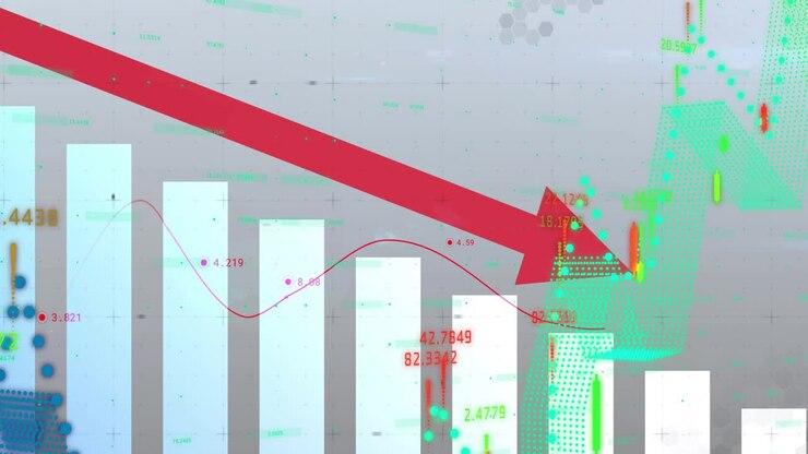 Magenta dotted line appearing, red arrow slanting over bars, chart shifting, peaks showing recovery