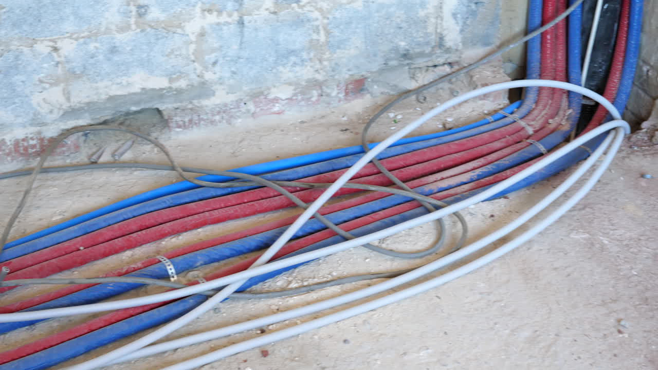 sitio de construcción de la casa, cables que atraviesan el piso de renovación
