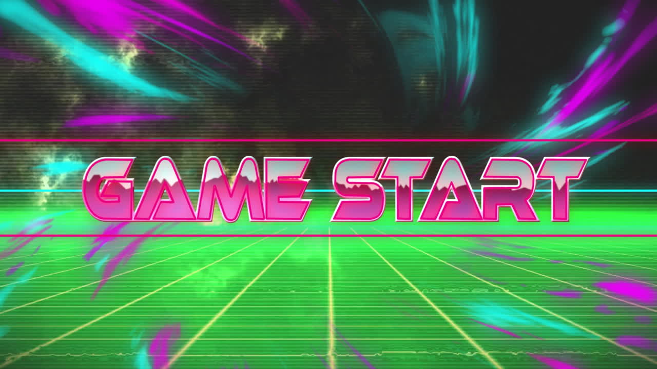 Animation of game start text over colourful shapes and digital lines on black background